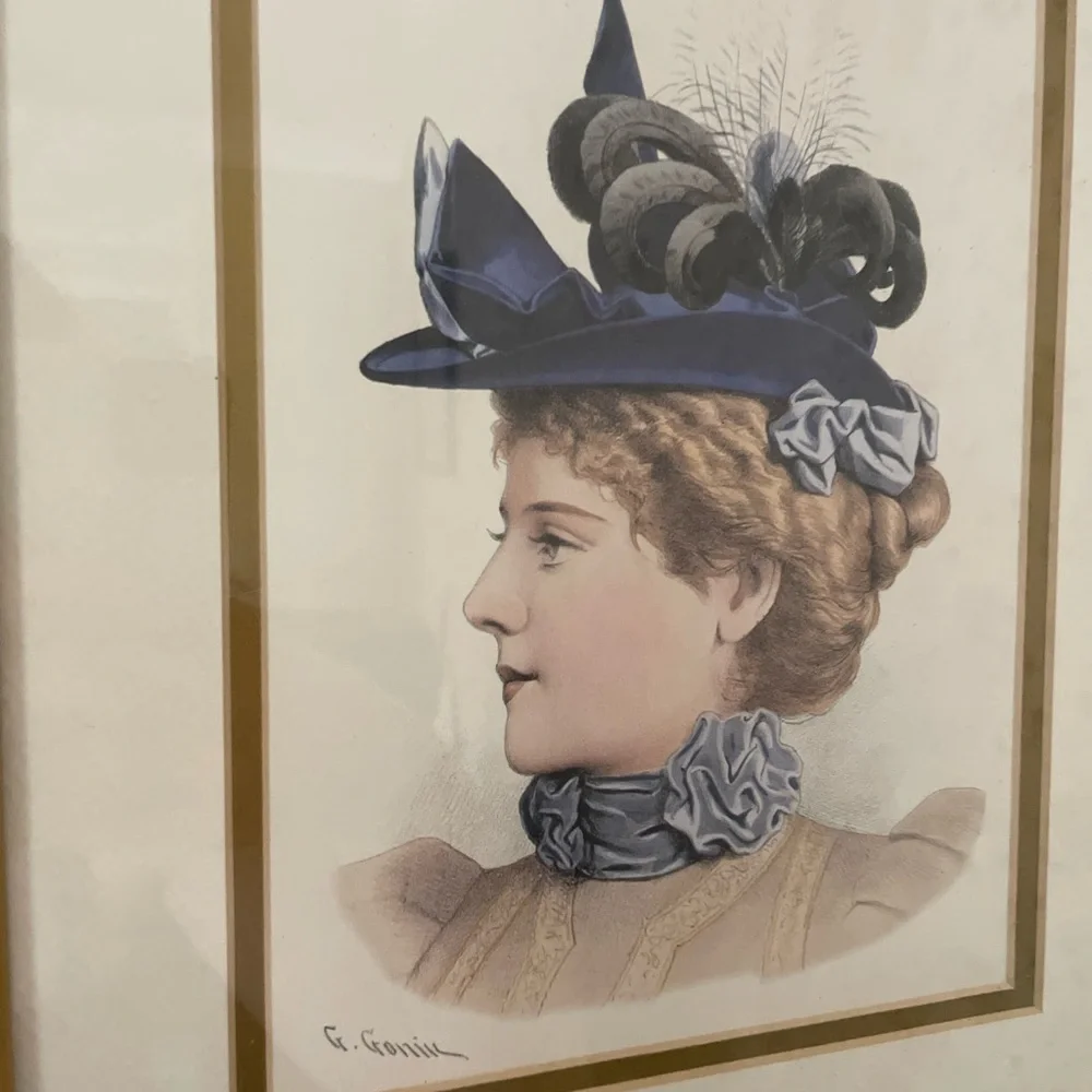 G Gonik 12x14 Victorian Lady Portrait in Gold Frame - Blue Hat Accent